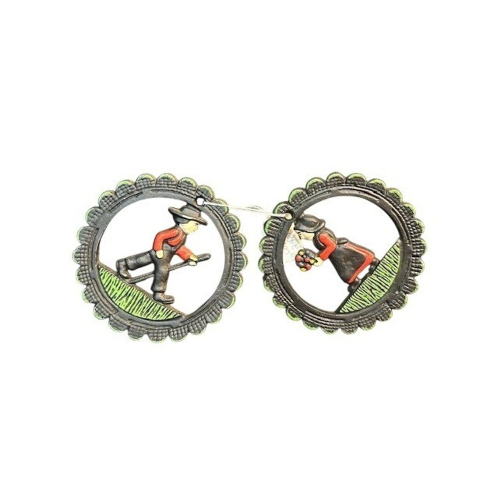 Vintage Amish Cast Iron Trivet Set Pennsylvania Dutch Boy Girl Wall Decor Black